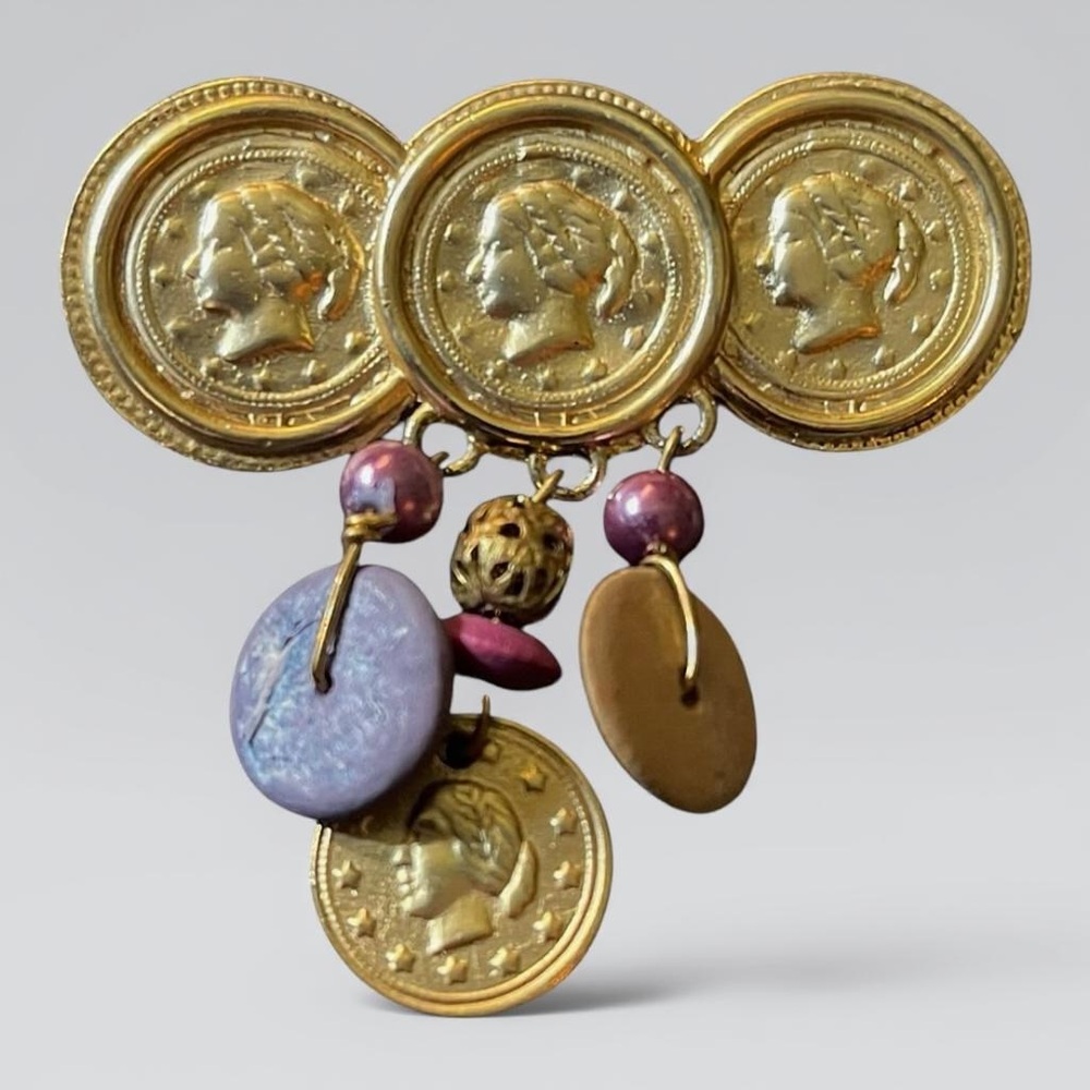 Gold Coin Brooch with Purple Accents